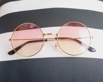 Vintage 00s Pink Yellow Ombre Round Shape Gold Metal Frame Transparent Plastic UV400 Fashion Sunglasses Lens Glasses Eyewear