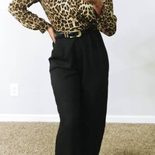 Vintage 80s Petite Sophisticate Black Brown Cheetah Print Collared Chiffon VNeck Long Sleeve 1 Pc Pants Jumpsuit Onesie Sz 8 Medium