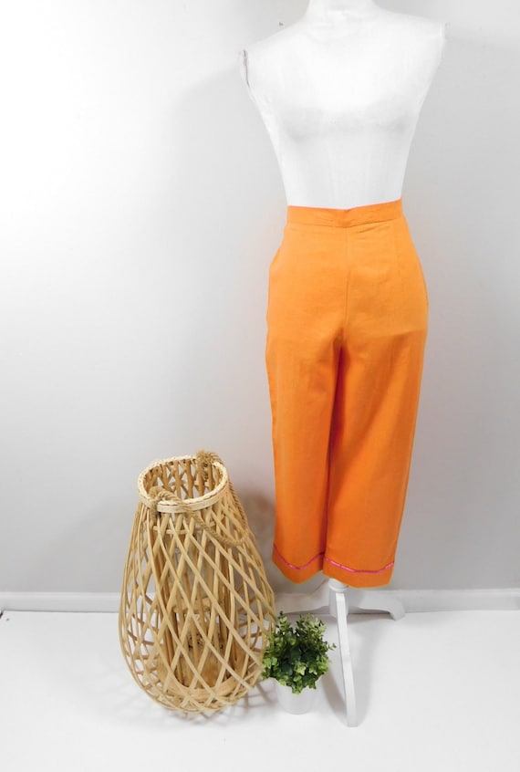 Vintage 80s Sag Harbor Orange Pink Satin Trim Linen Blend High Elastic  Waist Capri Pants Slacks Trousers 8 Medium Petite 