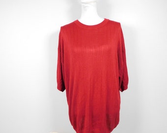 Vintage 80s Cassel Bright Red Striped Ribbed Knitted Acrylic Short Sleeve Mock Turtleneck Sweater Top Sz 2X/XXL Plus Size