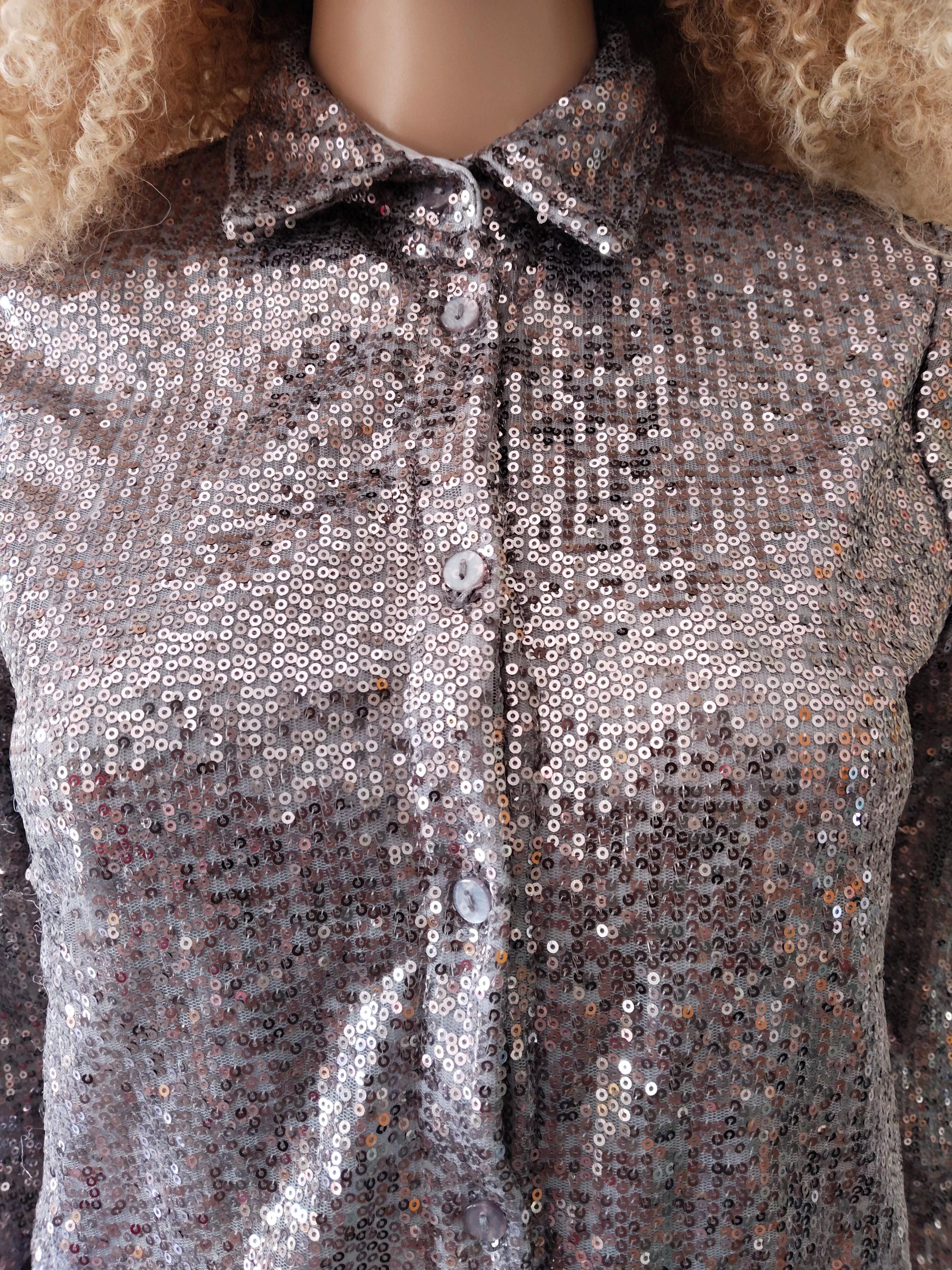 Vintage 00s Dark Gray Silver Sequin Beaded All Over Collared
