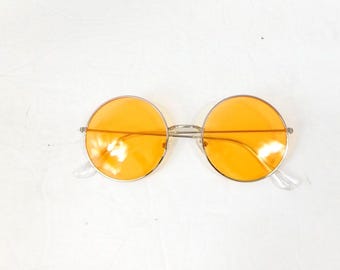 Vintage 00s Orange Tinted Gold Metal Frame Big Round Hippie Transparent Spectacle Sunglasses Fashion Lens Costume Glasses Sunnies