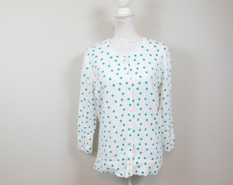 vintage années 90 Blanc Sarcelle Vert Polka Dot Géométrique Abstrait Imprimé Bouton Bas Manches Longues Oversize Pull Cardigan Sz Large