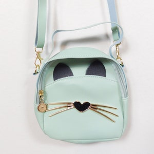 Vintage 00er Jahre Kätzchen Katze Gesicht Kunstleder Mint Grün Gold Herz Whiskers Kleine Crossbody Organizer Geldbörse Mode Accessoire Tasche