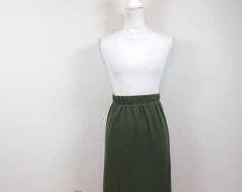 Vintage 90s Bechamel Olive Green Ribbed Sweater High Waist Split Stretch Straight Midi Length Pencil Skirt Sz 16/XL Plus Size