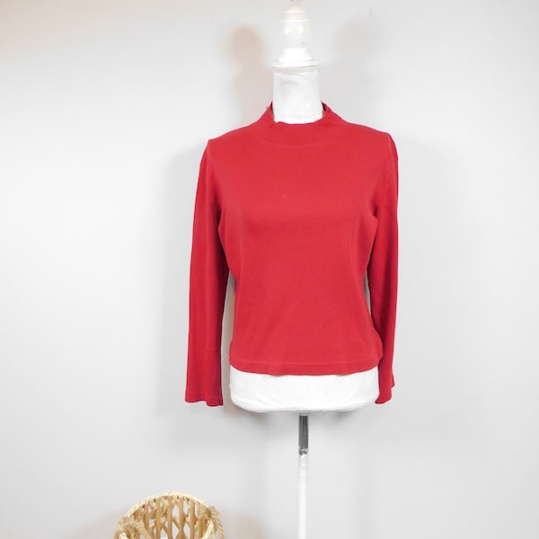 Vintage 80s Liz Claiborne Bright Red Cotton Striped Ribbed Knitted Winter Long Sleeve Mock Turtleneck Sweater Top Sz Large