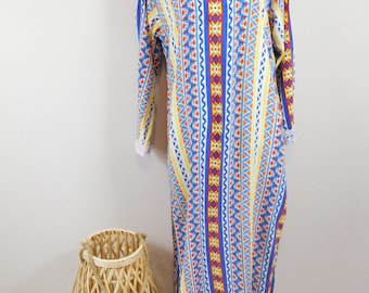 Vintage 90s White Colorful Geometric Print Lace Trim Square Neck Long Sleeve Maxi Side Slits Tunic Top Blouse Kaftan Sz Medium