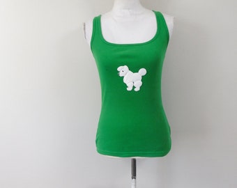 Vintage 90s Kelly Green White Poodle Dog Embroidered Print Stretch Sleeveless Scoop Neck Tank Top Blouse Shirt Small