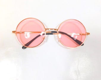 Vintage 00s Rosa getönte Gold große runde Brille Metallrahmen Mode Hippie Objektiv transparent Standard Sonnenbrillen Gläser Sunnies