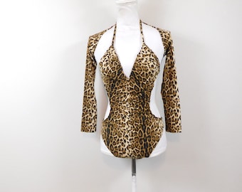 Vintage 00s Leopard Cheetah Print Brown Black Open Tie Back Long Sleeve 2 Pc Bodysuit Onesie Blouse Top Shirt Jacket Sz Small