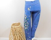 50 OFF NEW YEAR Sale Vintage 90s Hand Painted Sunflower Print Blue Denim High Waist Cotton Blend Skinny Cut Jegging Jeans Pants 25 Waist Xs