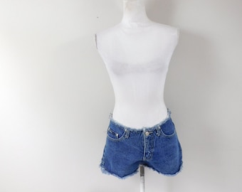 Vintage 1980s D.E.I. Cut Off Jean Dark Blue Wash Cotton High Waist Denim Frayed Hem Upcycled Booty Shorts Bottoms Sz 5/6 Small