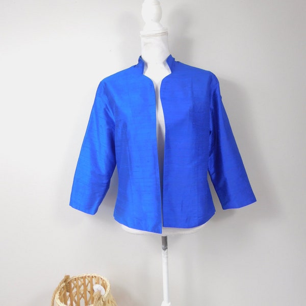 Vintage 1990s Bleu Bayou Royal Blue Silk Satin Open Suit Formal Minimal 3/4 Sleeve Evening Blazer Jacket Coat Sz Medium
