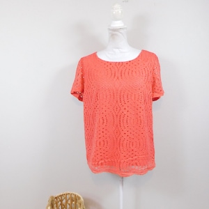 Vintage 90s J. Crew Coral Orange Crochet Geometric Print Lace Sheer Overlay Crewneck Short Sleeve Top Tee Shirt Blouse Sz 12 Large