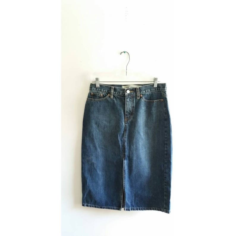 60/% BIG XMAS SALE Vintage 90s Gap Jeans Dark Blue Jean Front Split High Waisted Fitted Pencil Knee Length Minimal Denim Skirt Sz 4 Small