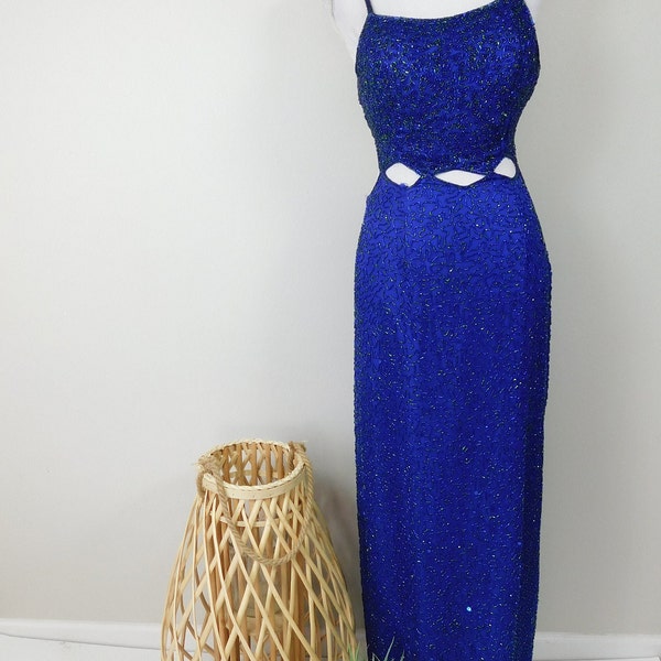 Vintage Scala Royal Cobalt Green Blue Sequin Beaded Tank Top High Split Cut Out Long Formal Cocktail Dress Gown Medium