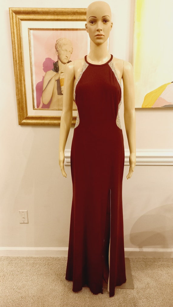 Vintage 00s Burgundy Red Silver Beaded Nude Sheer High Split Mermaid Formal  Cocktail Long Sleeveless Dress Gown Sz 12 Large Petite
