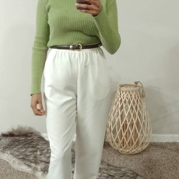 Vintage Susan Graver Ivory Textured High Elastic Waist Polyester Stretch Chic Tapered Leg Slacks Pants Trousers Medium