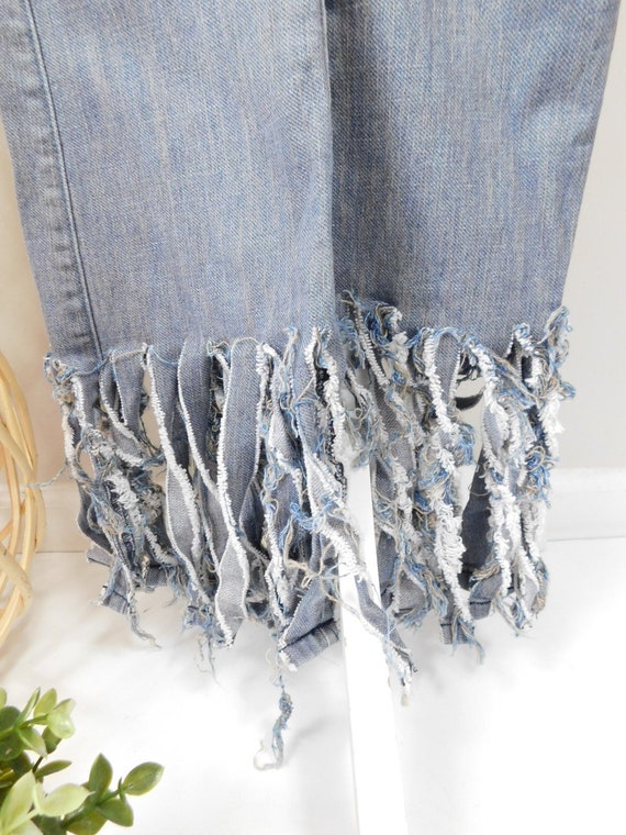 Vintage 90s Handmade Dark Blue Wash Fringe Hem St… - image 3