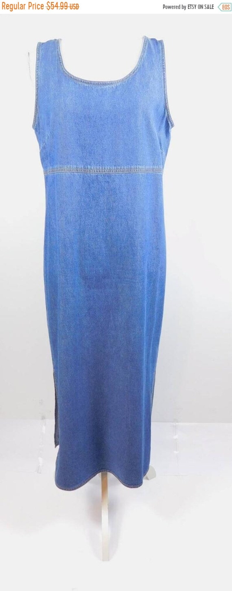 60/% BIG XMAS SALE Vintage 80s Coldwater Creek Blue Jean Denim Country Overall Sleeveless Tank Pocket Maxi Length Dress Sz 12 Large Petite