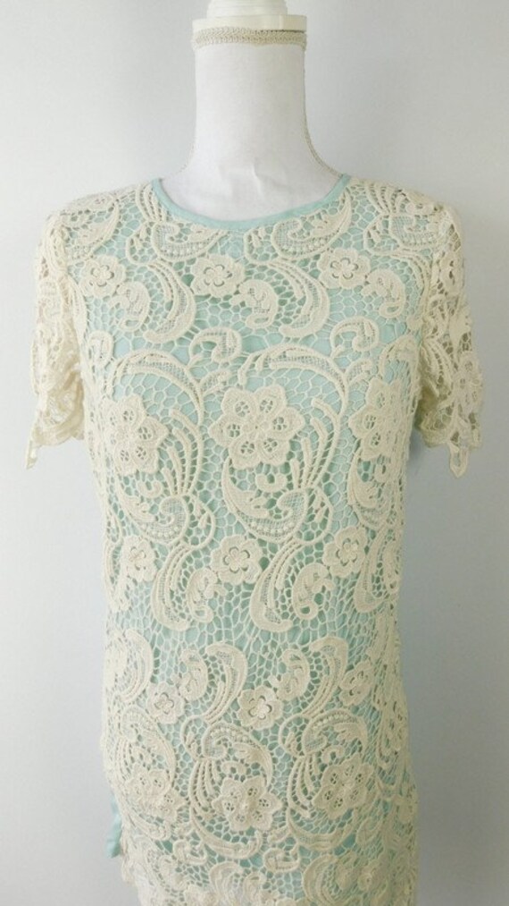 Vintage 90s Mint Green Ivory Floral Print Crochet… - image 3