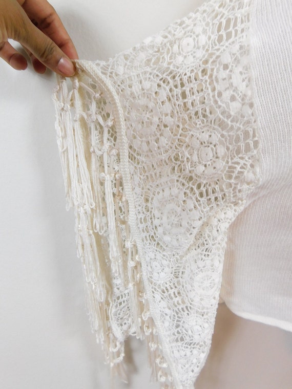 Vintage 90s Cream White Crocheted Knitted Hole La… - image 4