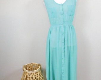 Vintage 90s Aqua Blue Semi Sheer Button Down Pocket Scoop Neck Sleeveless Tank Top Solid Long Maxi Length Dress Gown Sz Small