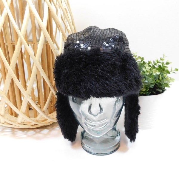 Vintage 00s Black Sequin Beaded Sparkling Trapper Ear Flaps Faux Fur Lining Hat Pilot Fashion Accessory One Size Fits Most
