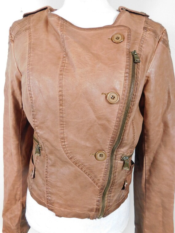 Vintage 00s Camel Tan Brown Faux Leather Button A… - image 3