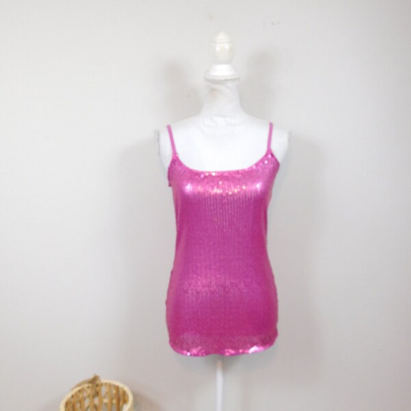Hot Pink Sequin Embellished V-Neck Backless Halter Tank Top main image 1