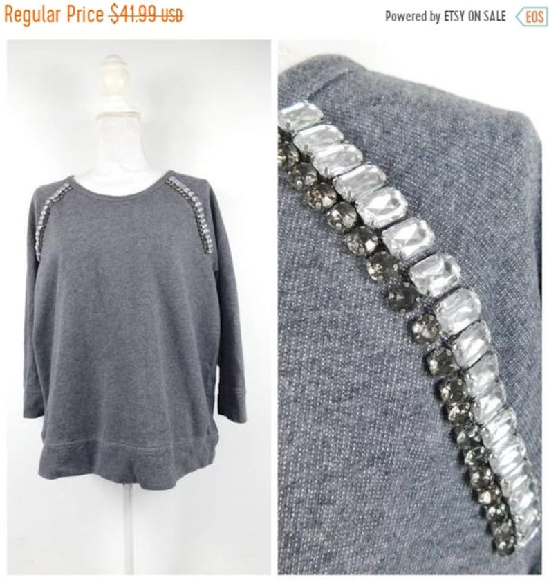 50/% SUMMER SALE Vintage 90s Liz Claiborne Dark Gray Rhinestone Shoulder Crewneck Solid Long Sleeve Sweater Top Sweatshirt XL Plus Size