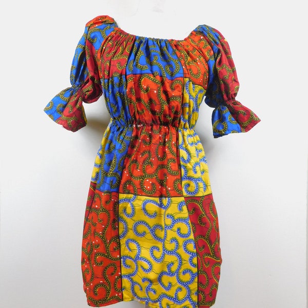 Vintage 90s African Tribal Kente Geometric Print Cinched Waist Red Blue Bright Mini Fit Flare Short Balloon Sleeve Dress Medium