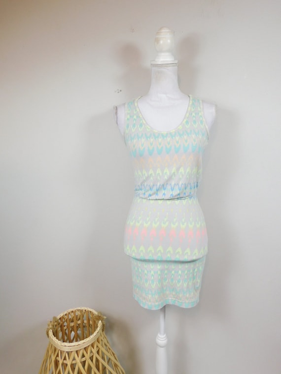 Vintage 00s Gray Neon Colorful Striped Aztec Print Bodycon Minimal Stretch Racer Back Tank Top Sleeveless Knee Length Dress XS