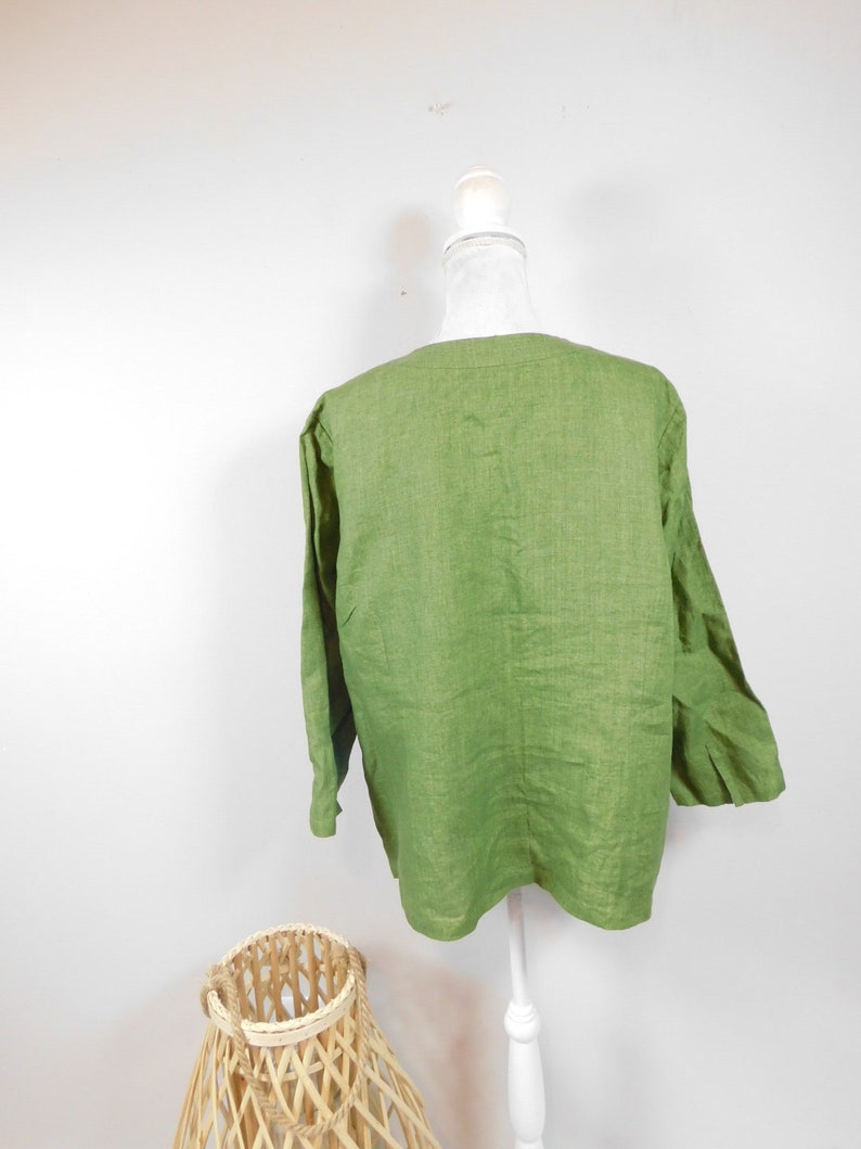 50/% OFF SPRING SALE Vintage Eileen Fisher Green Irish Linen Solid Button Down Collared Minimalist Long Sleeve Shirt Top Blouse Xl Plus Size
