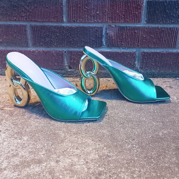 Vintage 00s Teal Green Metallic Shiny Faux Leather Sculpture Geometric Cut Out High Heels Open Toe Sandals Shoes Sz 6
