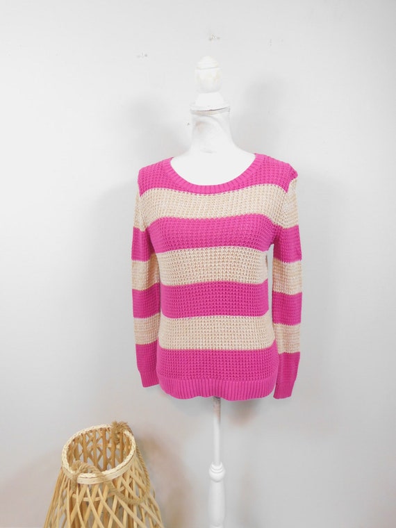 Vintage 90s Hot Pink Khaki Horizontal Striped Pri… - image 1