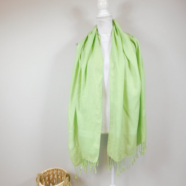 Vintage 1990s Neon Lime Green Paisley Print Fringe Hem Long Solid Lightweight Classic Shawl Coverup Scarf Fashion Accessory