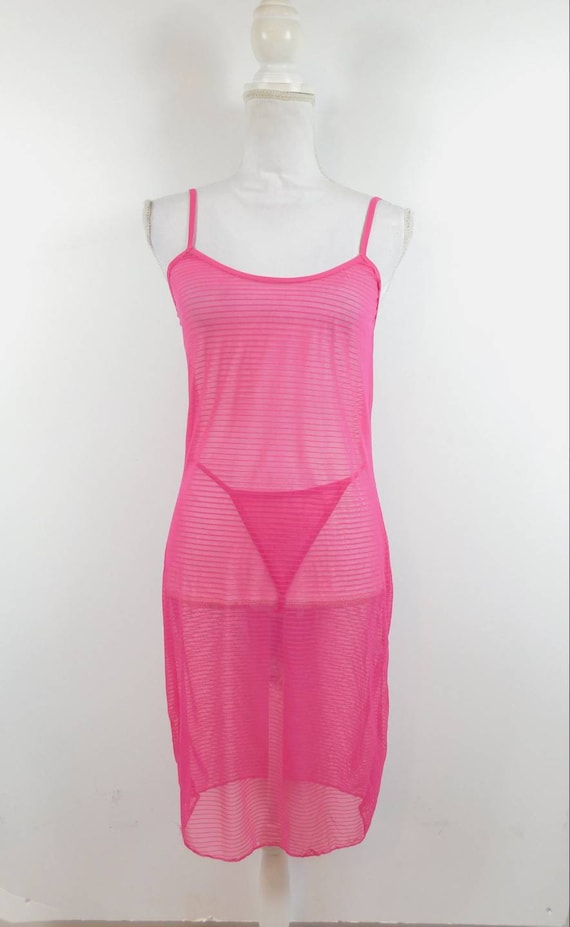 Vintage 90s Hot Pink Striped Print Sheer Lace Cot… - image 1