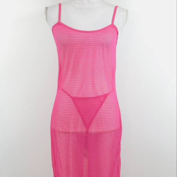 Vintage 90s Hot Pink Striped Print Sheer Lace Cotton Spaghetti Strap 2 Pc Tank Lingerie Dress Thong Set Sz Small/Medium/Large