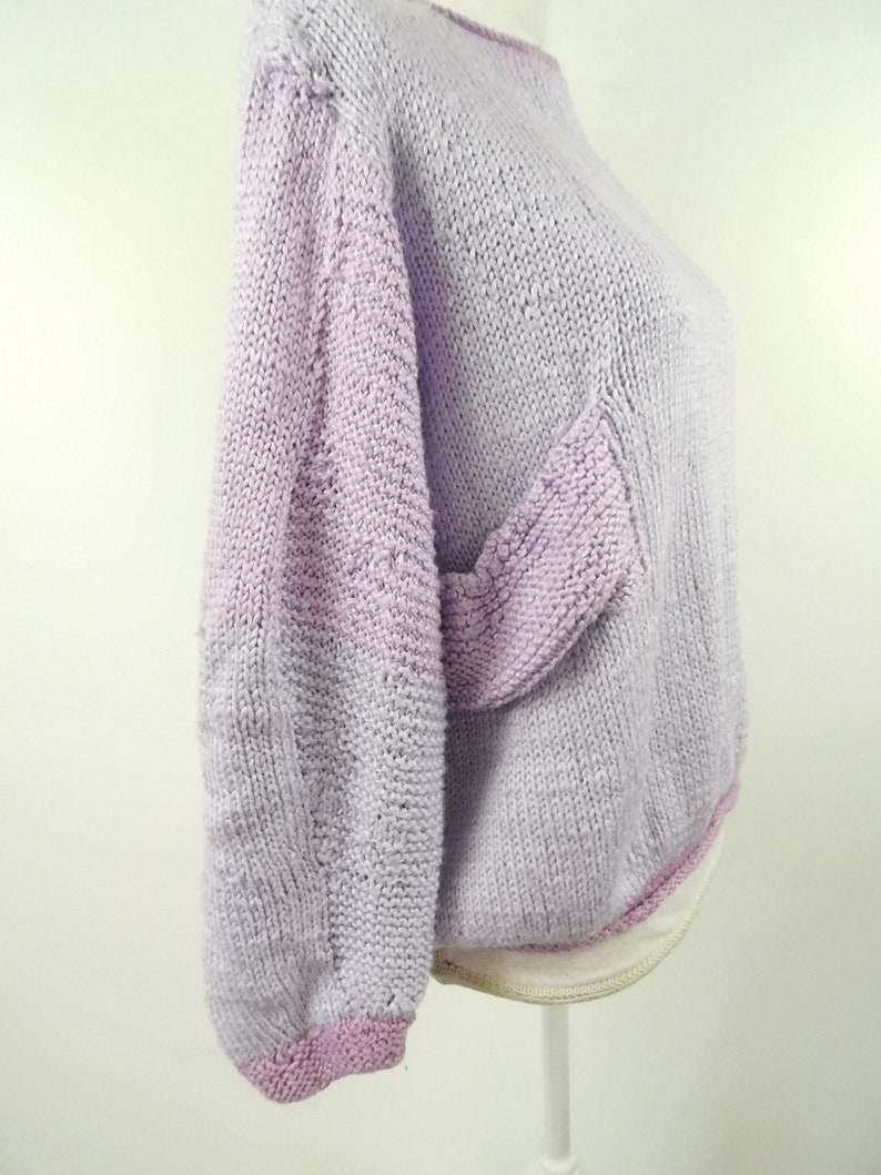 50/% SUMMER SALE Vintage 60s Pastel Lavender Purple Pocket Ribbed Knitted Minimal Boatneck Long Sleeve Thick Sweater Top Blouse Sz Large