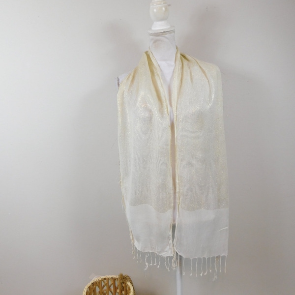 Vintage 1990s Cream Gold Shiny Sparkle Striped Print Fringe Hem Knitted Cape Shawl Scarf Cover Up Fashion Accessory