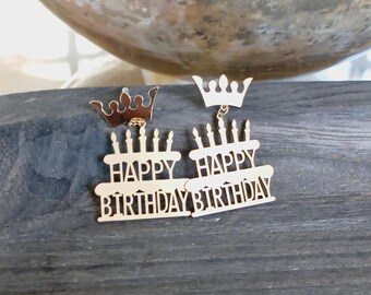Vintage 00s Gold Happy Birthday Cake Crown Mirrored Cutout Shiny Holiday Letters Statement Earrings Jewelry Fashion Accessory Gift