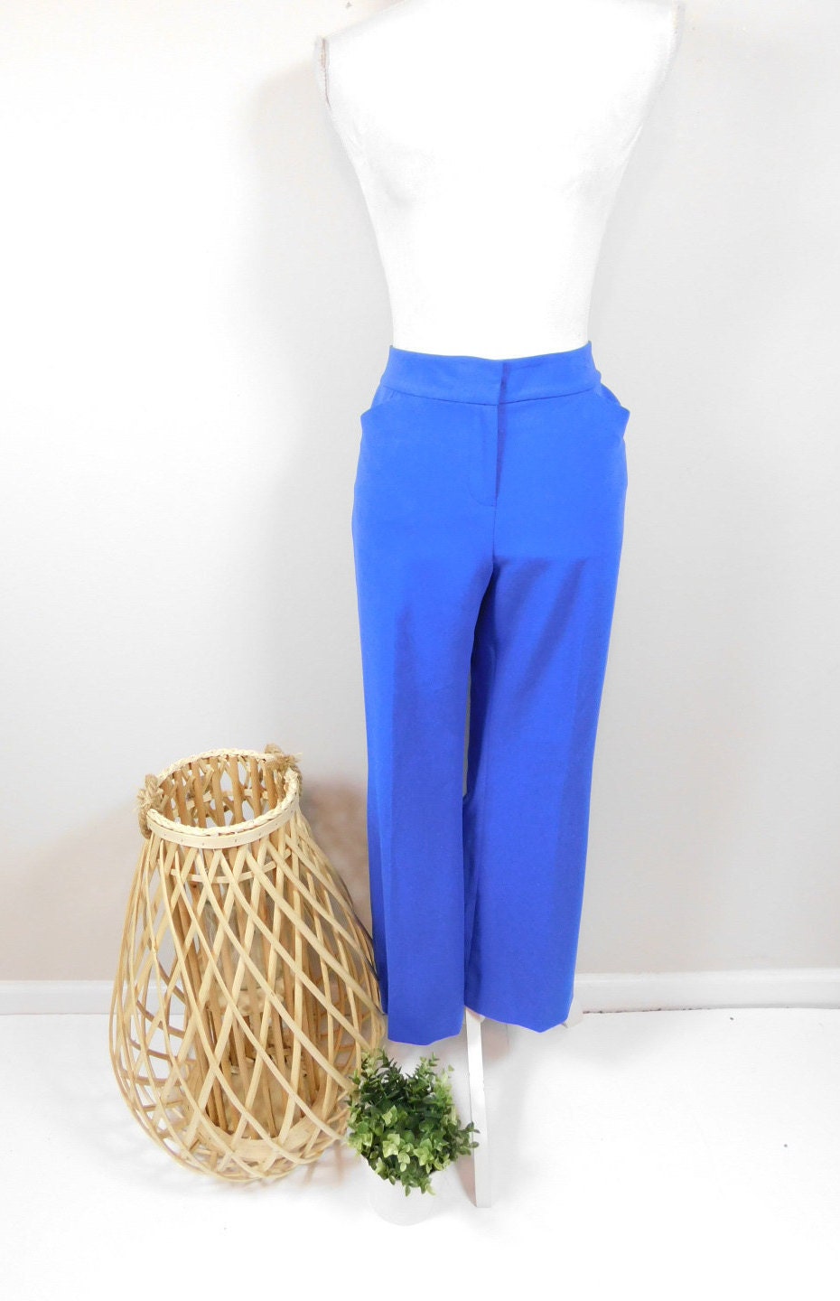 80s Bright Blue Trousers Vintage Royal Blue High Waisted Pants