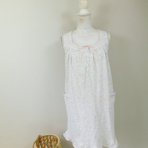 Vintage 80s Aria Collection White Pink Floral Flower Print Henley Button Tie Sleeveless Sleep Pj Pajama Dress Gown Sz Medium