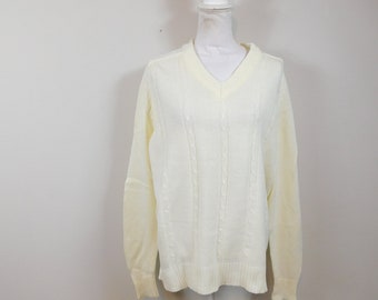 Vintage 80s Fruit Of The Loom Ivory Cable Knitted Crocheted Stretch Solid Thick Vneck Long Sleeve Sweater Sz 16/XL Plus Size