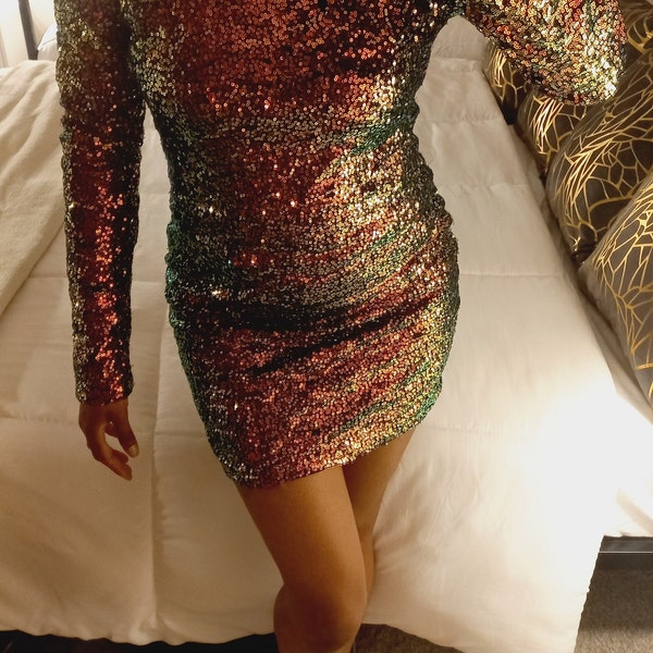 Vintage 00s Sequin Beaded Black Orange Green Bodycon Formal Cocktail Long Sleeve Mini Above Knee Lined Gown Dress Sz Medium