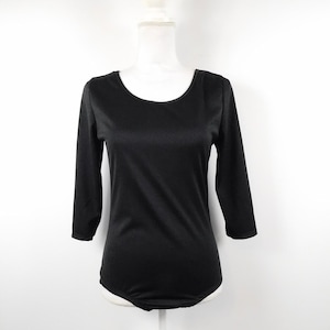 Vintage 1990s Black Scoop Neck Polyester Stretch Snap Crotch Minimal 3/4 Sleeve Top Shirt Dance Bodysuit Onesie Blouse Sz Small