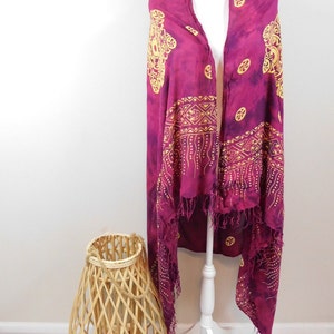 Vintage 90-tals lila gul tribal geometriskt tryck fransar lätt stor långhalsad badsjal moderiktig överdragssarong en storlek
