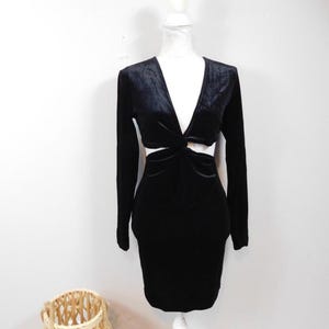 Vintage 00s Black Velvet Twisted Front Cut Out Open Side Back Long Sleeve Evening Cocktail Mini Short Dress Sz XS/Small/ Medium/Large