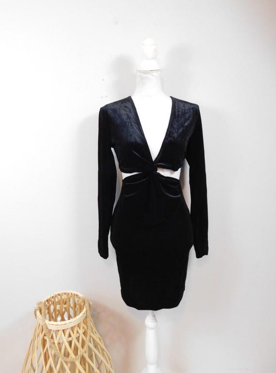 Vintage 00s Black Velvet Twisted Front Cut Out Open Side Back Long Sleeve  Evening Cocktail Mini Short Dress Sz Xs/small/ Medium/large - Etsy